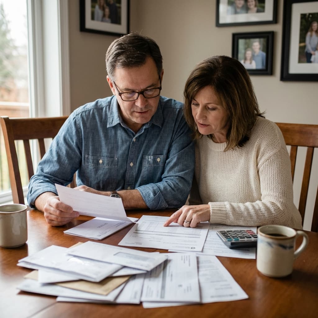 Couple sorting paperwork together at a dining table